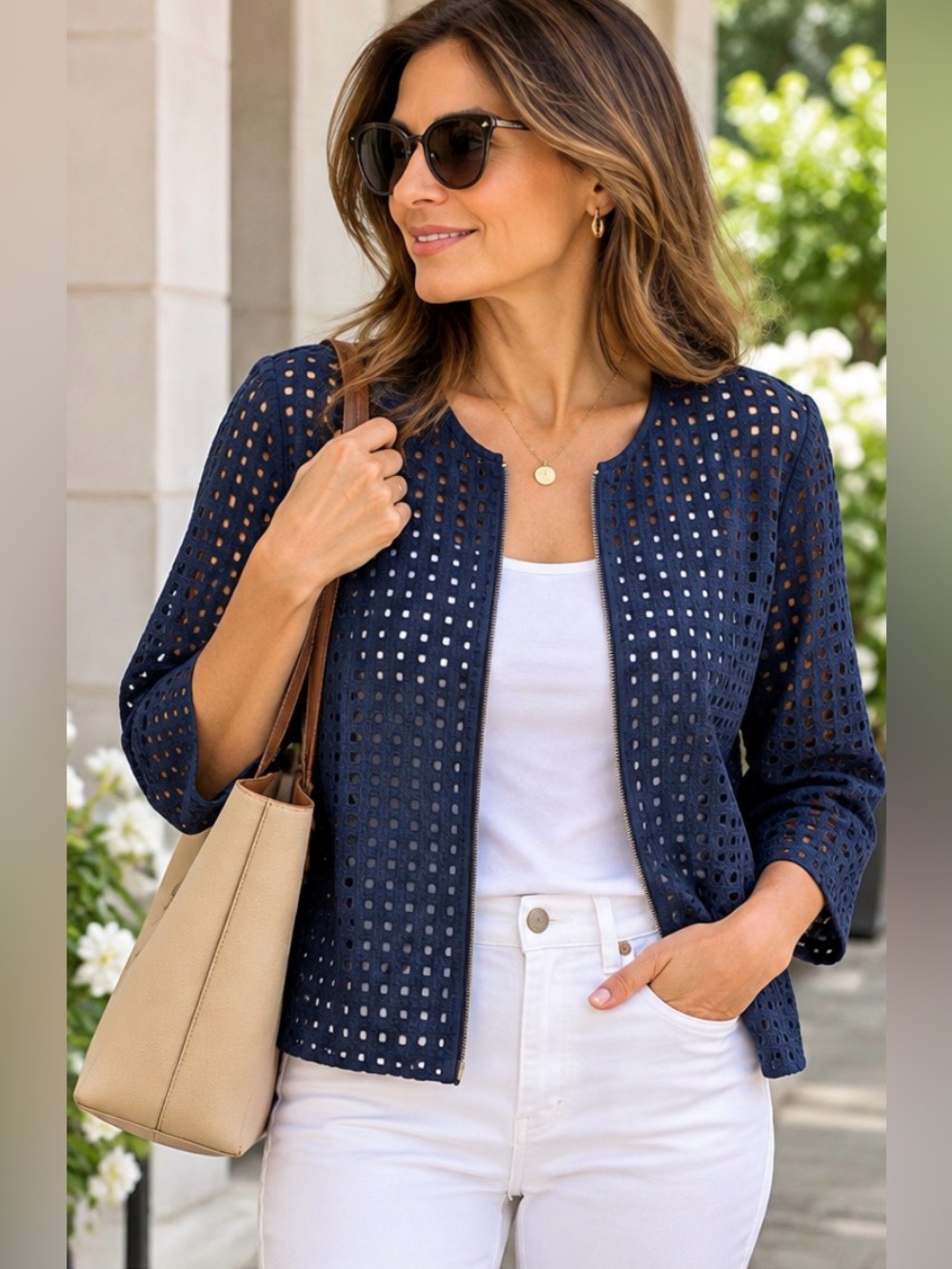 Chico's Blue Geometric Openwork Jacket - Picture 1 of 6